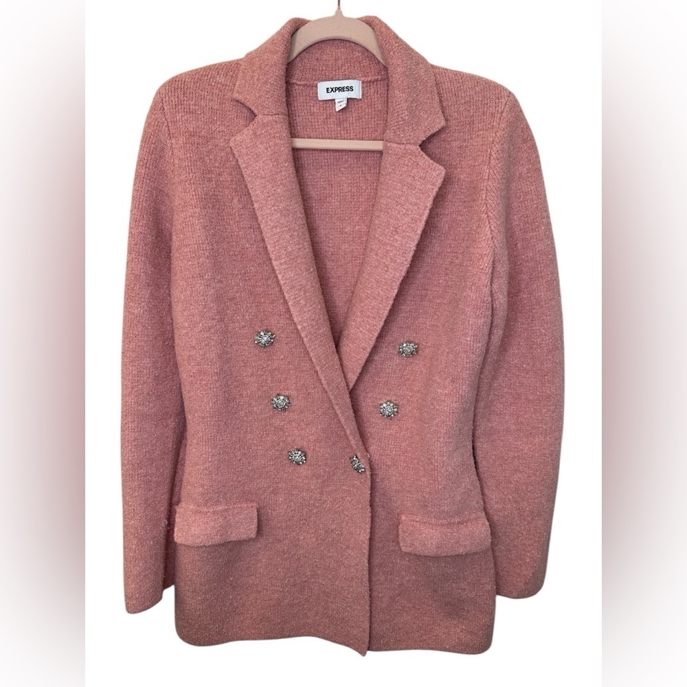 Express Pink Double-Breasted Rhinestone Button Blazer Jacket Size M - Picture 2 of 8